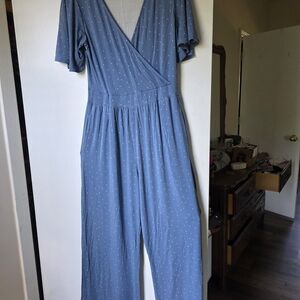 Market & Spruce Dusty Blue Polka Dot Faux-Wrap Jumpsuit